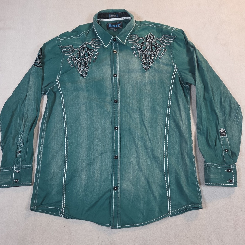 Roar Signature Embroidered  Shirt Men XL Green Wings Button Down Grunge Distress